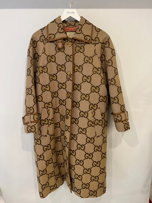 Gucci Beige GG Monogram Coat with GG Logo Buttons and Leather Trim Detail Size IT 40 (UK 8) RRP £2,900