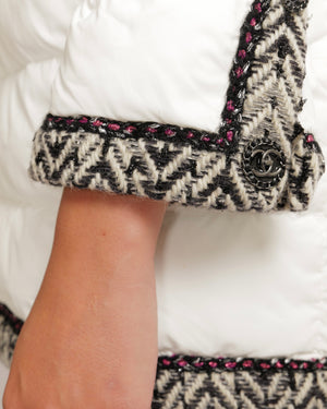 Chanel White Puffer Coat with Black and White Tweed Trims with Metallic Pink Details and Silver and Black CC Logo Buttons Size FR 38 (UK 10)