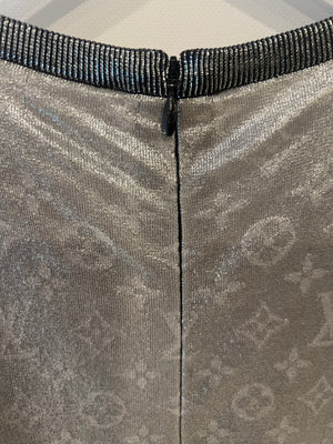 Louis Vuitton Silver Metallic Silk Jumpsuit with Monogram Logo Prints Size FR 38 (UK 10)