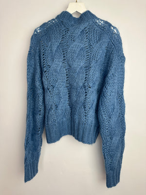 Prada Blue Oversized Cropped Cable Knit Openwork Mohair Jumper Size IT 38 (UK 6)