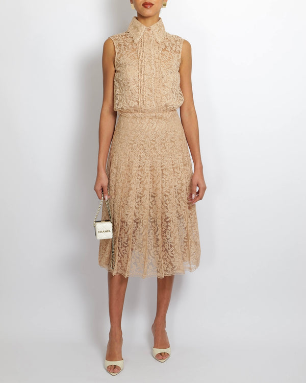 Ermanno Scervino Beige Lace Sleeveless Midi Dress with Waist Detail Size IT 40 (UK 8)