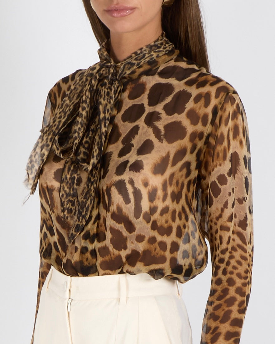 Saint Laurent Brown Leopard Silk Neck-Tie Blouse Size FR 36 (UK 8)