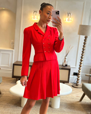 Chanel Vintage Spring 1995 Red Two-Piece Jacket and Pleated Skirt with Gold CC Logo Button FR 40 (UK 12)