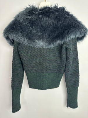 Prada Green Wool Cashmere Blend Knit Cardigan with Faux Fur Collar Size IT 42 (UK 10 )