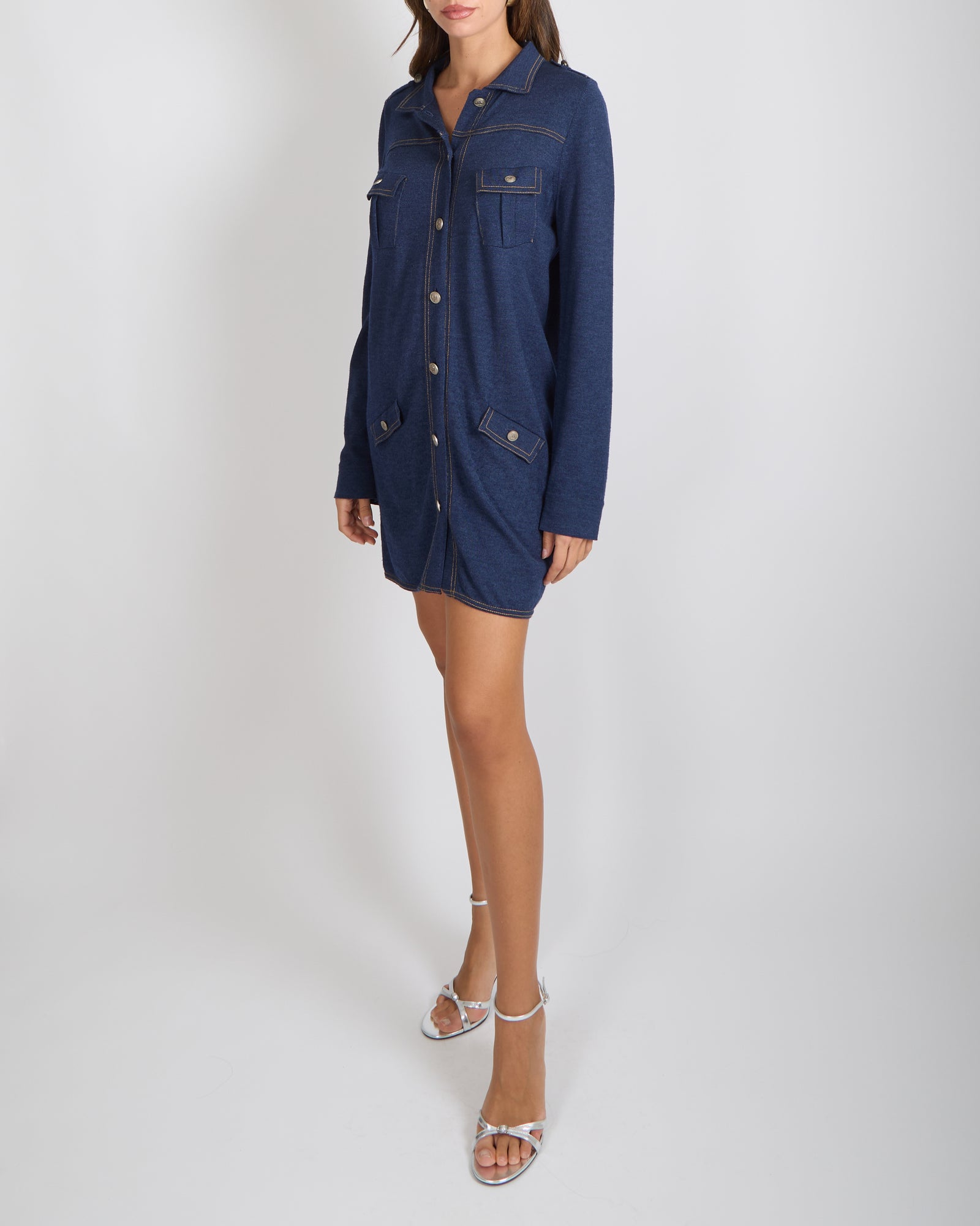 Chanel Denim Blue Wool Mini Long-Sleeve Dress with Silver CC Logo Butt – Sellier
