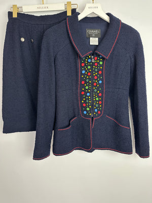 Chanel 97A Navy Wool Long Sleeve Jacket and Pencil Skirt Set with Red, Blue, Green and Yellow Neckline Applique Detail Size FR 38 (UK 10)
