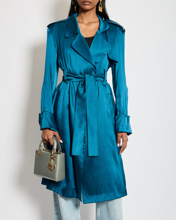Celine Blue Silk Overcoat with Belt FR 38 (UK 10)