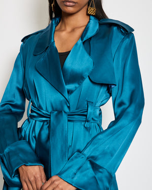 Celine Blue Silk Overcoat with Belt FR 38 (UK 10)