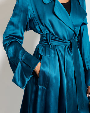 Celine Blue Silk Overcoat with Belt FR 38 (UK 10)