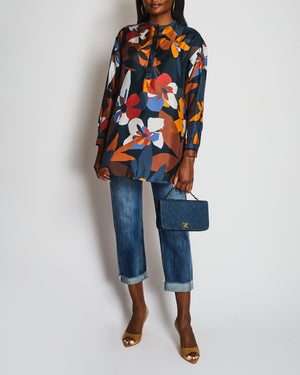 Loro Piana Floral Orange and Navy Long Sleeve Silk Shirt Size IT 40 (UK 8)