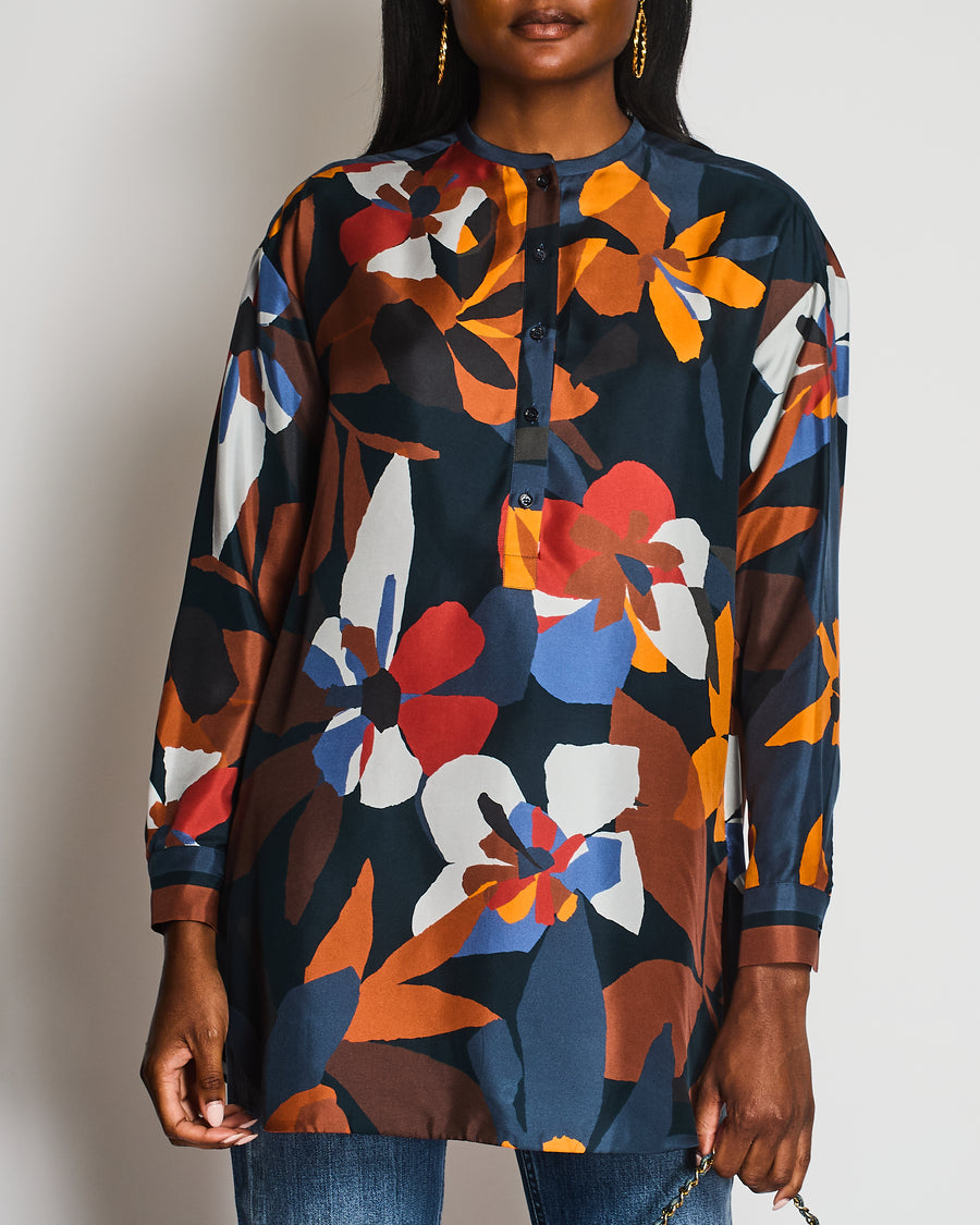 Loro Piana Floral Orange and Navy Long Sleeve Silk Shirt Size IT 40 (UK 8)