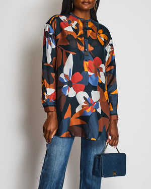 Loro Piana Floral Orange and Navy Long Sleeve Silk Shirt Size IT 40 (UK 8)