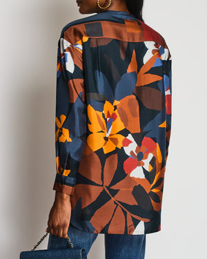 Loro Piana Floral Orange and Navy Long Sleeve Silk Shirt Size IT 40 (UK 8)