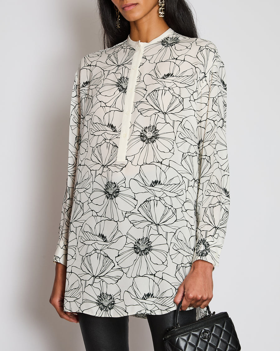 Loro Piana White and Black Floral Silk Shirt Size IT 40 (UK 8)