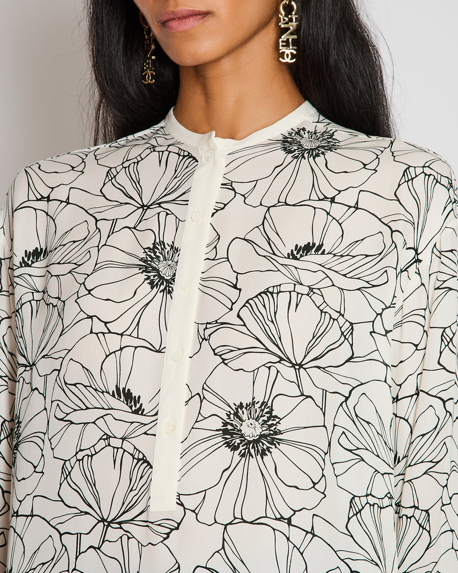 Loro Piana White and Black Floral Silk Shirt Size IT 40 (UK 8)