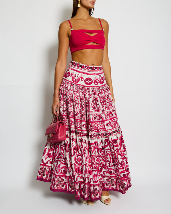 Dolce & Gabbana White and Pink Majolica Print Poplin Cotton Maxi Skirt Size IT 44 (UK 12)