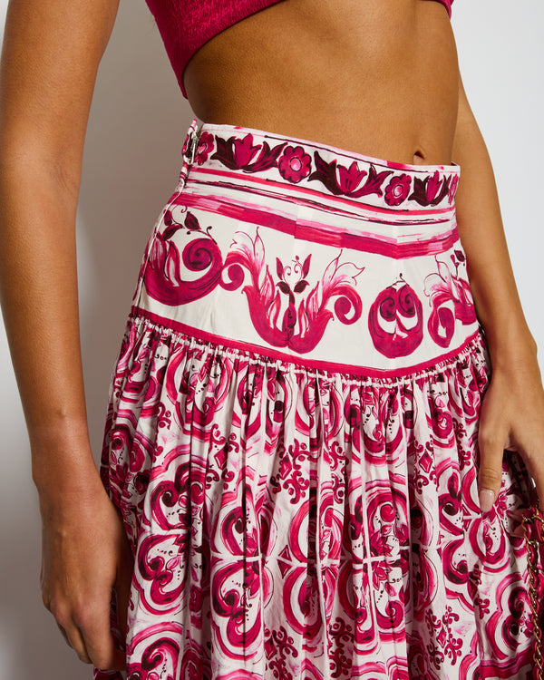 Dolce & Gabbana White and Pink Majolica Print Poplin Cotton Maxi Skirt Size IT 44 (UK 12)