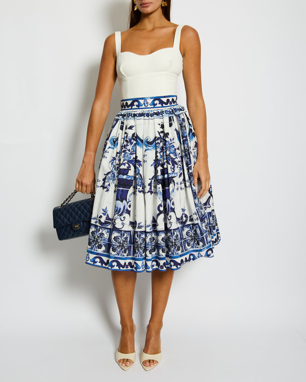 Dolce & Gabbana White and Blue Majolica Print Poplin Cotton Midi Skirt Size IT 44 (UK 12) RRP £750