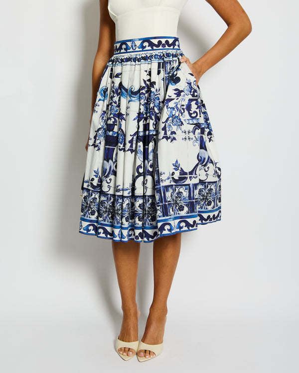 Dolce & Gabbana White and Blue Majolica Print Poplin Cotton Midi Skirt Size IT 44 (UK 12) RRP £750