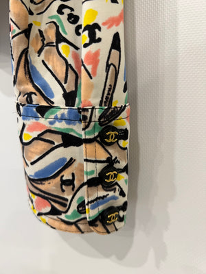 Chanel Spring 1995 White Button Down Shirt with Multicolour Shoe and Logo Print with Black and Gold CC Buttons Detail Size FR 36 (UK 8)