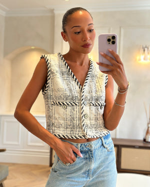 Chanel White and Grey Tweed Vest with CC Logo Buttons and Gold Metallic Details Size FR 38 (UK 10)