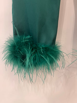 Nadine Merabi Green Satin Top and Trousers Set with Feather Trim Detail and Crystal Buttons Size UK 6/8