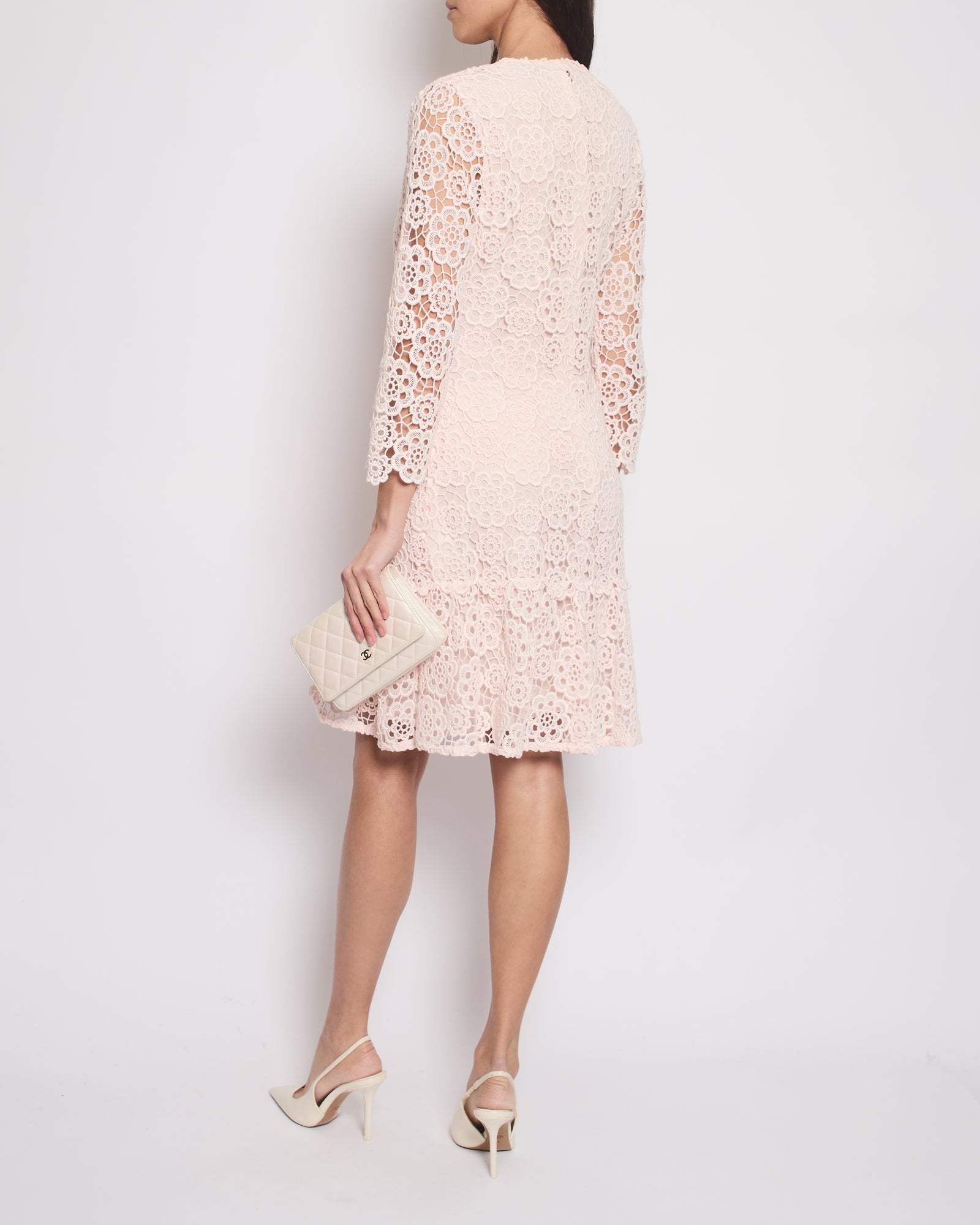 Christian Dior Baby Pink Floral Crochet Mini Dress Size FR 42 (UK