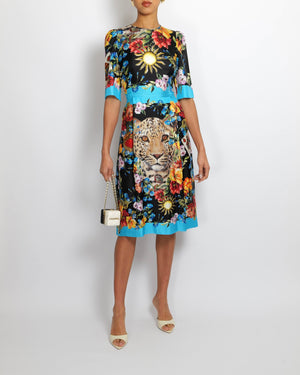 Dolce & Gabbana Black Silk Short-Sleeved Midi Dress with Multi-Colour Floral Print and Leopard Face Detail Size IT 40 (UK 8)