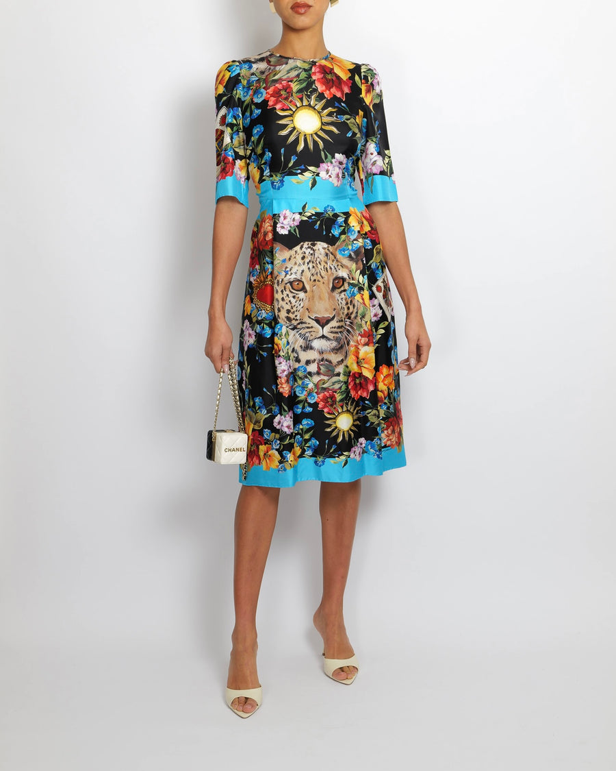 Dolce & Gabbana Black Silk Short-Sleeved Midi Dress with Multi-Colour Floral Print and Leopard Face Detail Size IT 40 (UK 8)