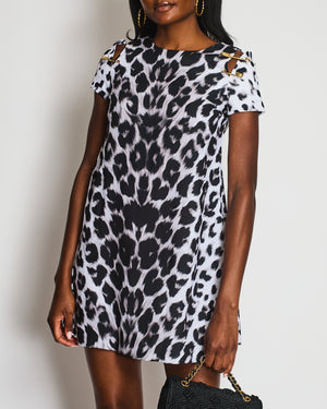 Versus Versace Black, White Leopard Print Dress with Gold Pin Detail Size IT 38 (UK 6)