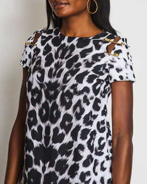Versus Versace Black, White Leopard Print Dress with Gold Pin Detail Size IT 38 (UK 6)