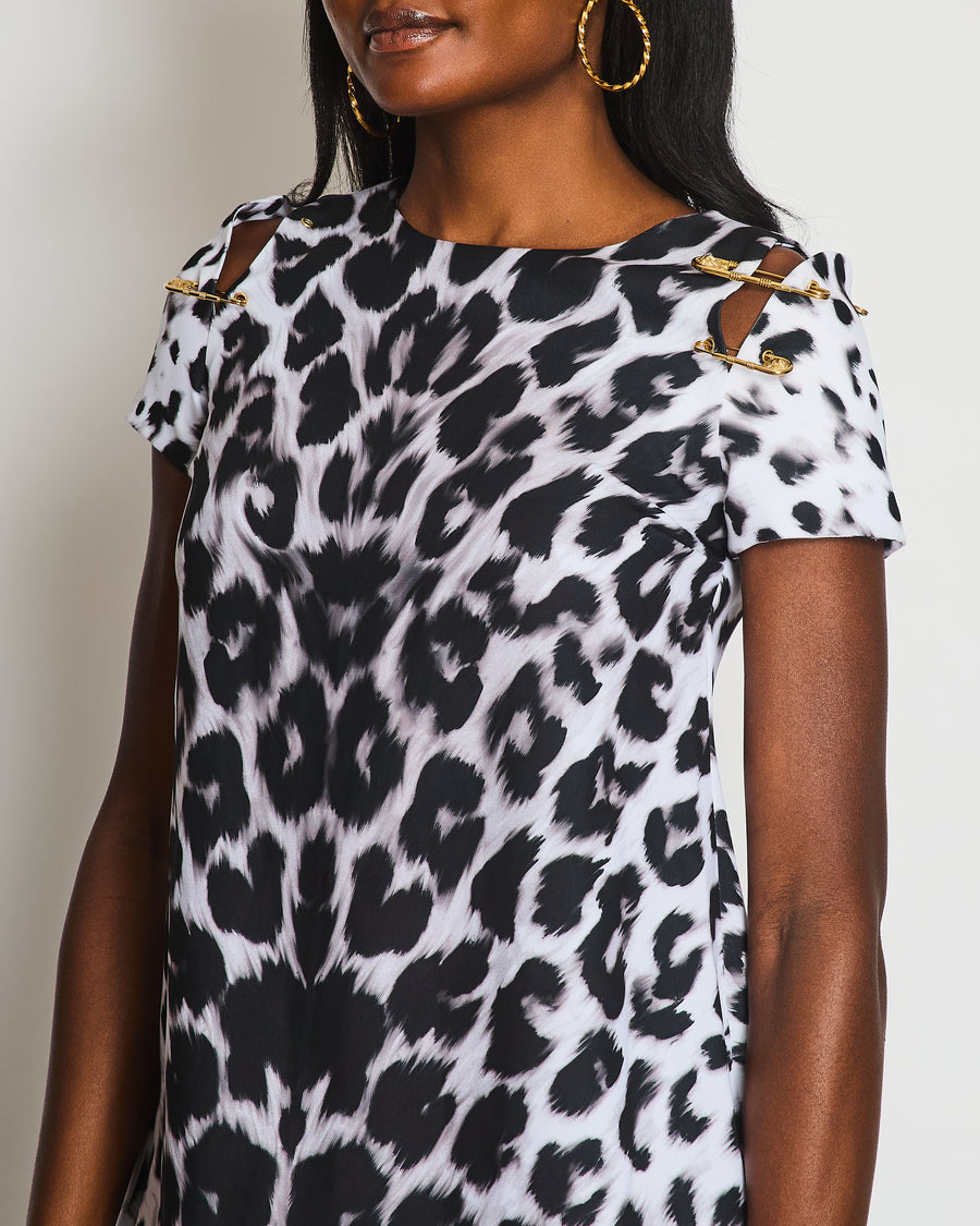 Versus Versace Black, White Leopard Print Dress with Gold Pin Detail Size IT 38 (UK 6)