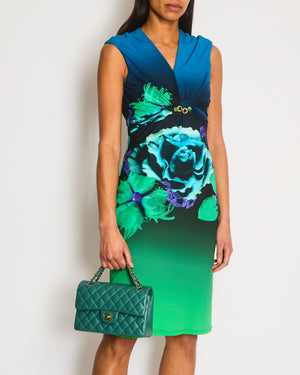 Roberto Cavalli Blue and Green Floral Dress with Gold Detail Size IT 46 (UK 14)