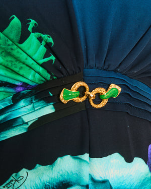 Roberto Cavalli Blue and Green Floral Dress with Gold Detail Size IT 46 (UK 14)