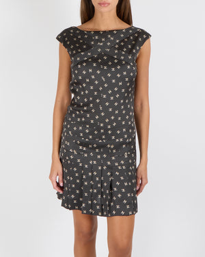 Chanel Black Silk Sleeveless Mini Dress with Beige CC Logo Prints Size FR 36 (UK 8)