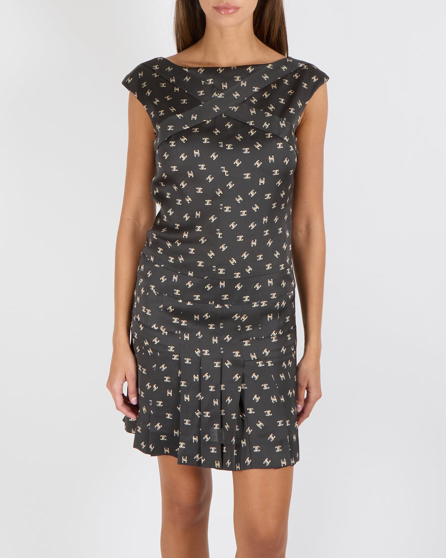 Chanel Black Silk Sleeveless Mini Dress with Beige CC Logo Prints Size FR 36 (UK 8)