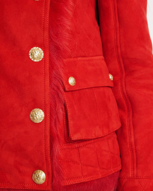 Balmain Red Lambskin Suede Jacket with Quilted Details and Fur Lining with Gold Buttons and Buckle Details Size FR 38 (UK 10) RRP £4,900