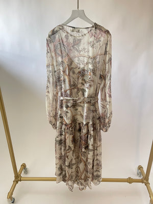 Zimmermann Cream and Brown Floral Print Silk Midi Dress with Belt and Slip Size 1 (UK 10)