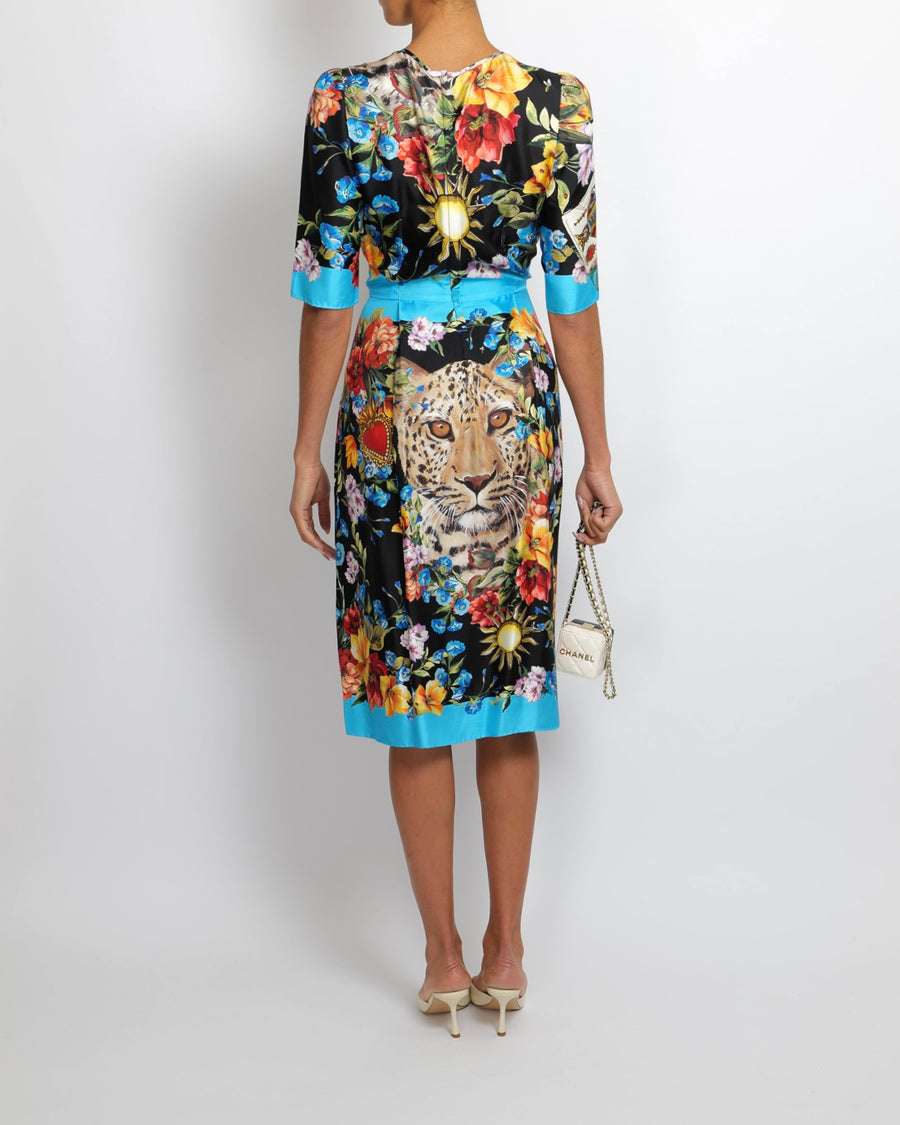 Dolce & Gabbana Black Silk Short-Sleeved Midi Dress with Multi-Colour Floral Print and Leopard Face Detail Size IT 40 (UK 8)