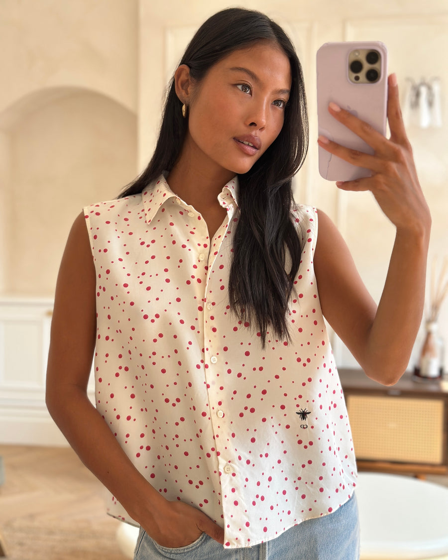 Christian Dior Cream and Red Polka Dot Sleeveless Silk Button Down Blouse Size FR 40 (UK 12)