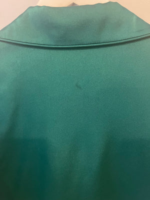 Nadine Merabi Green Satin Top and Trousers Set with Feather Trim Detail and Crystal Buttons Size UK 6/8