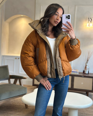 Hermès Khaki, Brown Reversible Puffer Jacket with Patch Logo Detail Size FR 38 UK 10