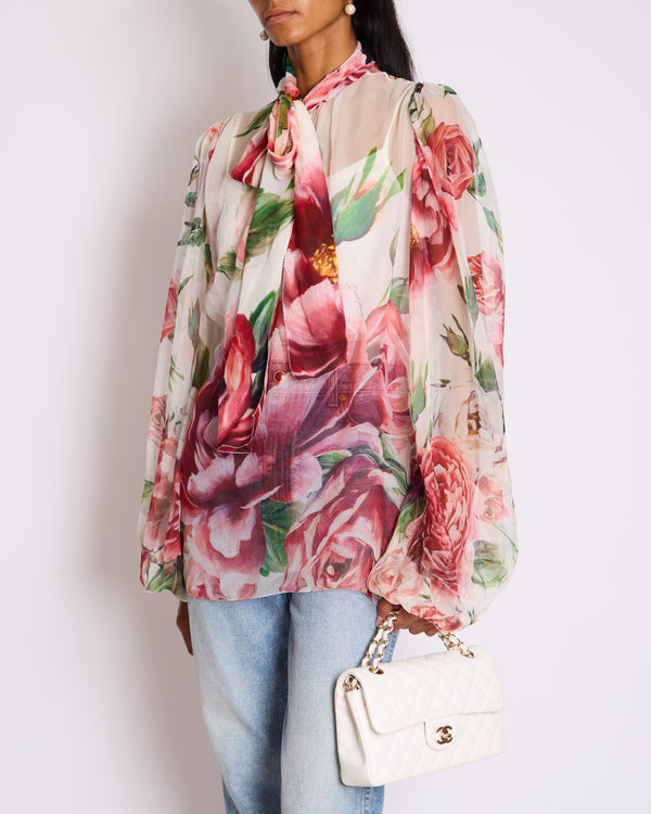 Dolce & Gabbana Blush Green, Pink and Purple Floral Sheer Silk Blouse with Bow Neckline Size IT 44 (UK 12)