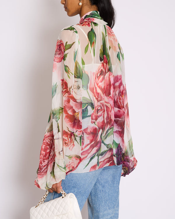 Dolce & Gabbana Blush Green, Pink and Purple Floral Sheer Silk Blouse with Bow Neckline Size IT 44 (UK 12)