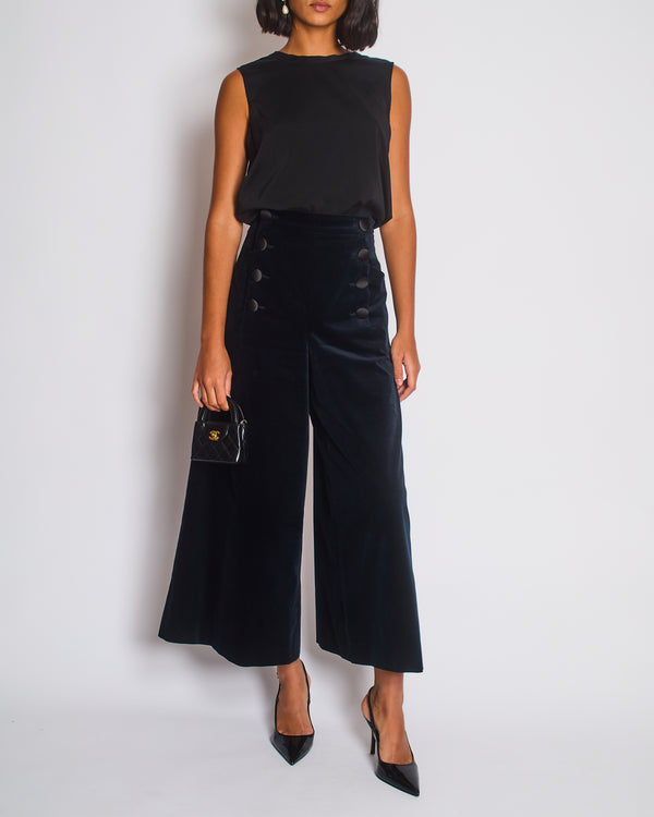Chanel Navy Velvet Wide Leg Trousers with Black Satin Band and CC Logo Details FR 44 (UK 16)