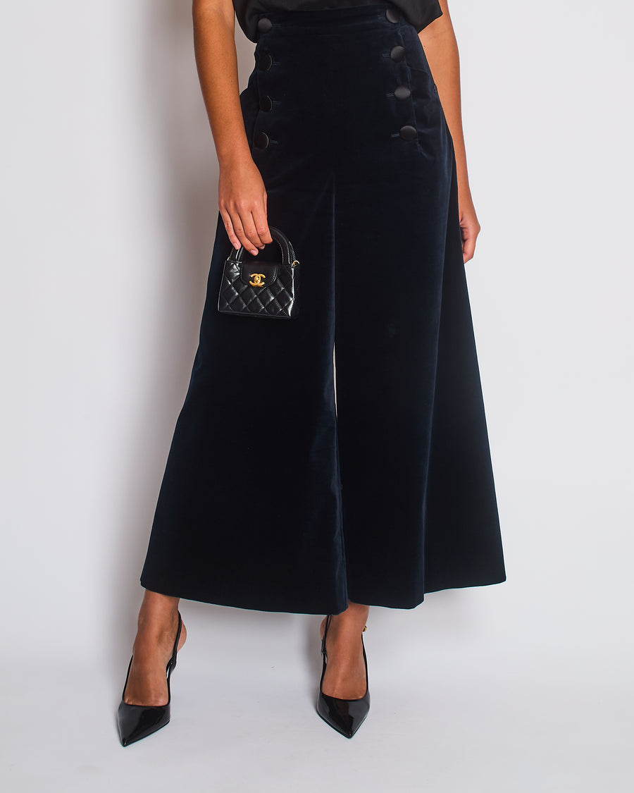 Chanel Navy Velvet Wide Leg Trousers with Black Satin Band and CC Logo Details FR 44 (UK 16)