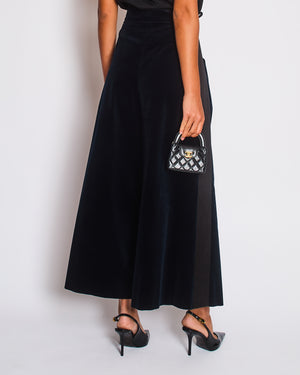 Chanel Navy Velvet Wide Leg Trousers with Black Satin Band and CC Logo Details FR 44 (UK 16)