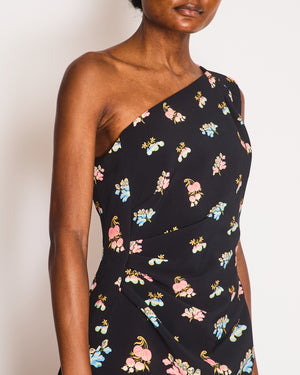 Peter Pilotto One Shoulder Navy Dress with Floral Print Detail Size IT 46 (UK 14)