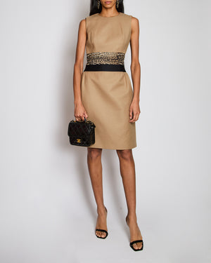 Giambattista Valli Camel Halter-Neck Midi Dress with Leopard Print Waist Detail IT 42 (UK 10)