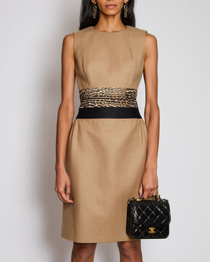 Giambattista Valli Camel Halter-Neck Midi Dress with Leopard Print Waist Detail IT 42 (UK 10)